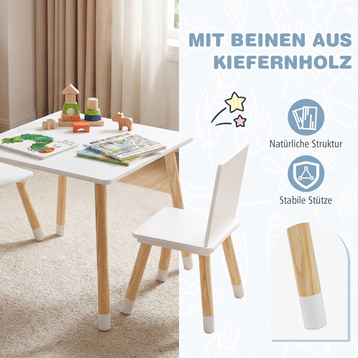 Kids Table and Chairs Set, Wood, White, 3-Piece