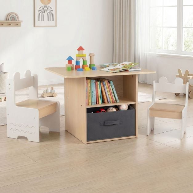 Kids Table and Chairs Set, Wooden with Storage Drawer, White