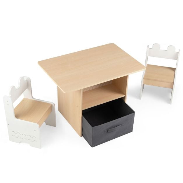 Kids Table and Chairs Set, Wooden with Storage Drawer, White