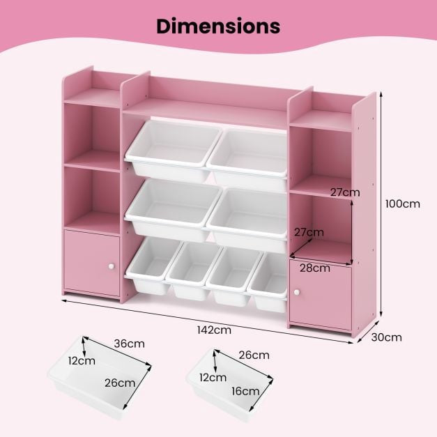 Kids Toy Storage Organizer, 4-Tier, 6 Cubbies, 8 Bins, Pink