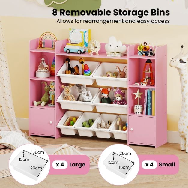 Kids Toy Storage Organizer, 4-Tier, 6 Cubbies, 8 Bins, Pink