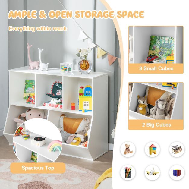 Kids Toy Storage Organizer, 5-Cube Wooden Shelf, Anti-Tip White