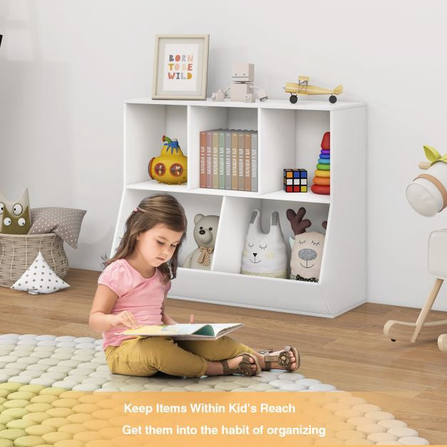 Kids Toy Storage Organizer, 5-Cube Wooden Shelf, Anti-Tip White