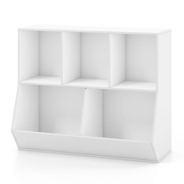 Kids Toy Storage Organizer, 5-Cube Wooden Shelf, Anti-Tip White