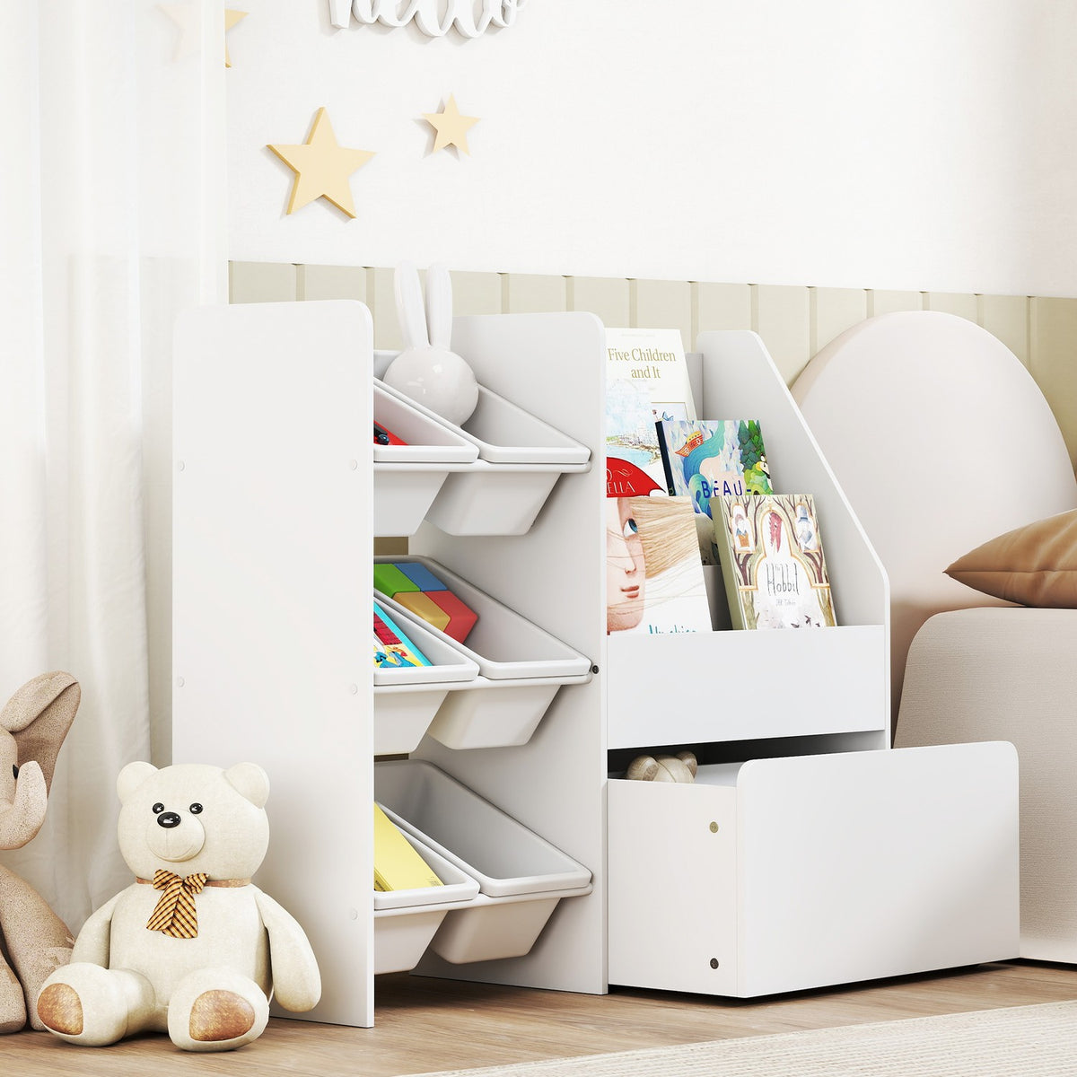 Kids Toy Storage Shelf with 6 Bins, Rolling Box, White