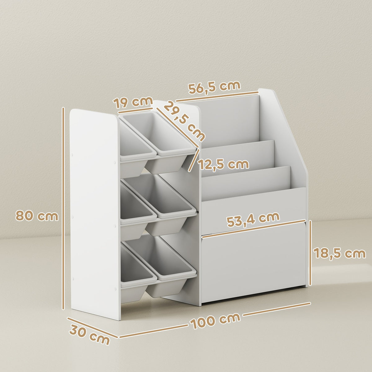 Kids Toy Storage Shelf with 6 Bins, Rolling Box, White