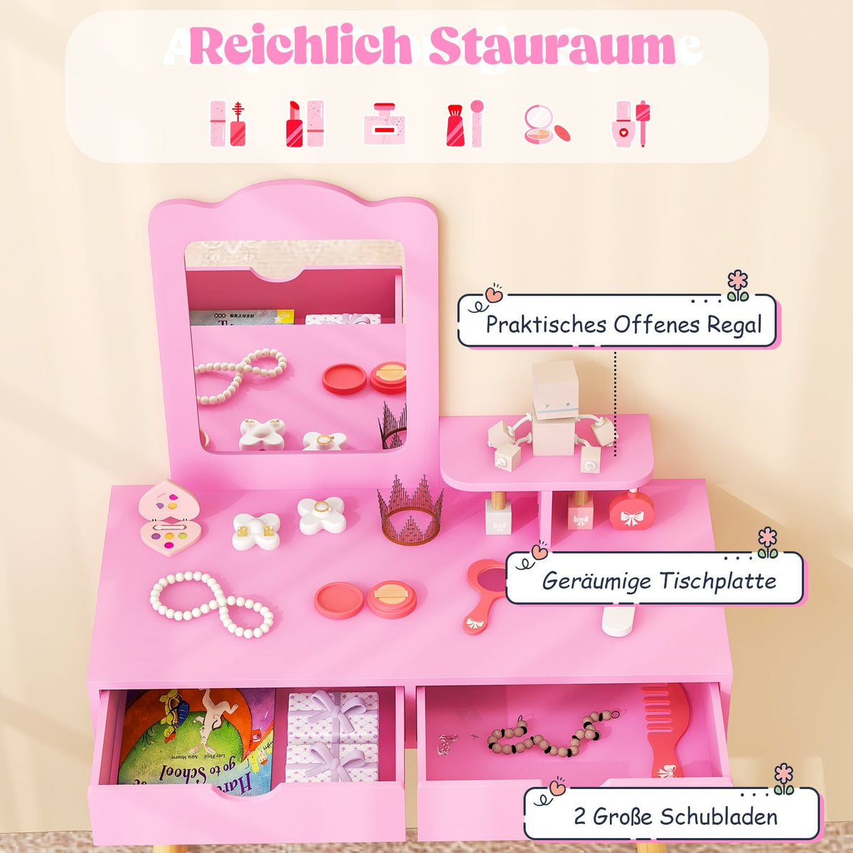 Kids Vanity & Desk Set with Removable Mirror, Pink