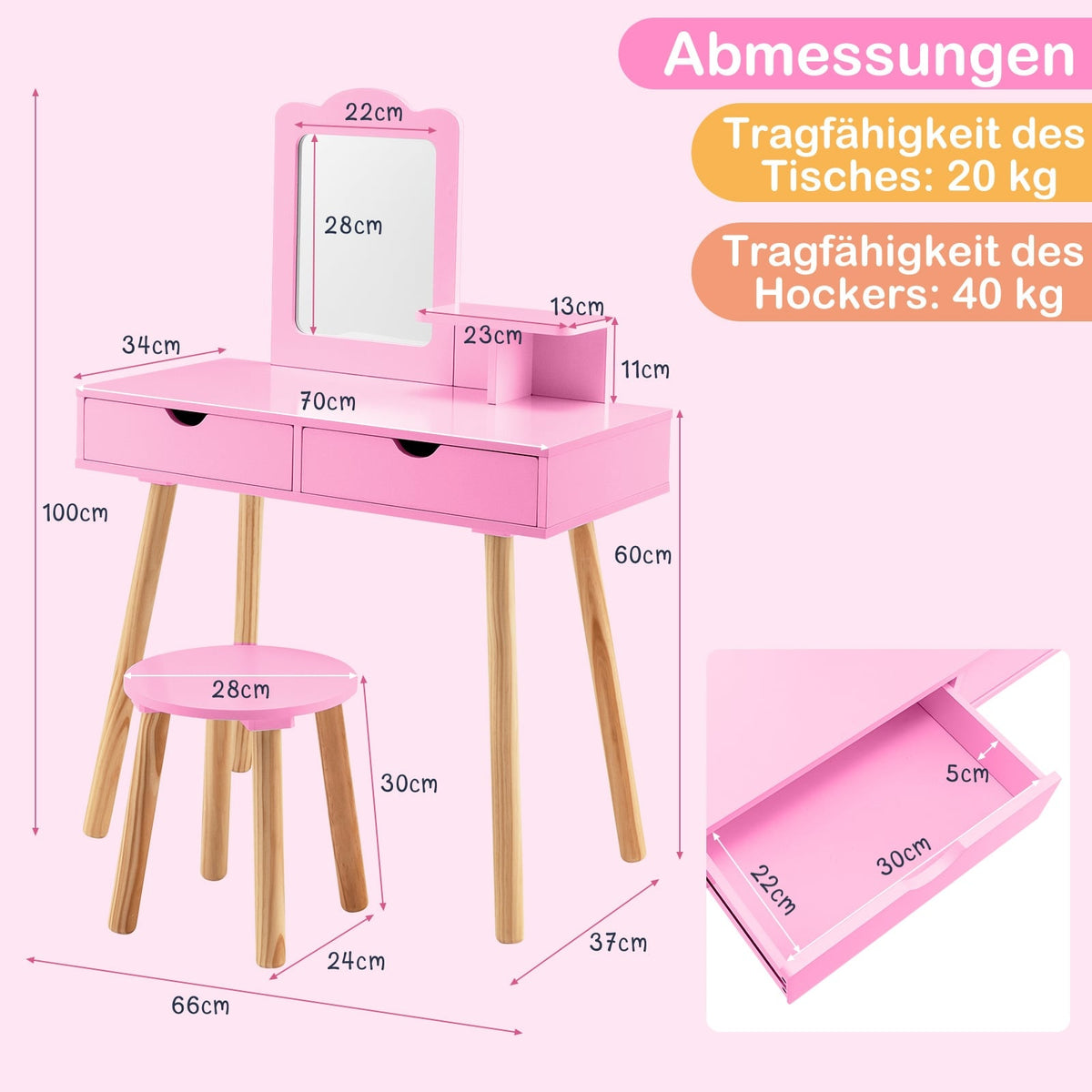 Kids Vanity & Desk Set with Removable Mirror, Pink