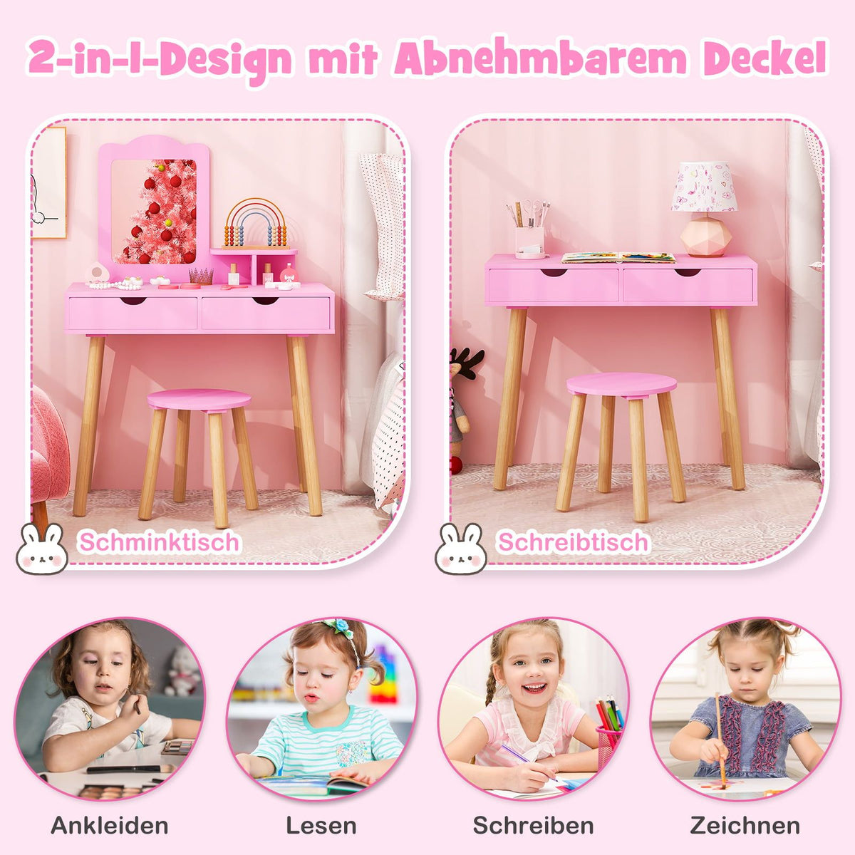Kids Vanity & Desk Set with Removable Mirror, Pink