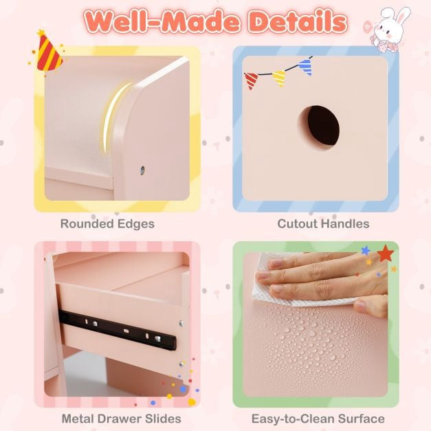 Kids Vanity Desk and Chair Set with Lights, Shelves, Pink