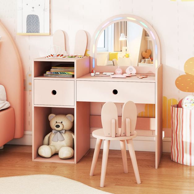 Kids Vanity Desk and Chair Set with Lights, Shelves, Pink