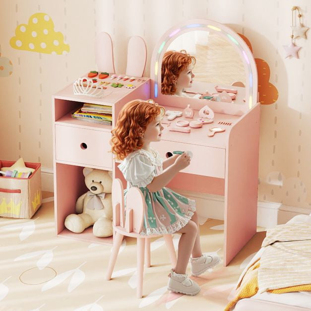 Kids Vanity Desk and Chair Set with Lights, Shelves, Pink