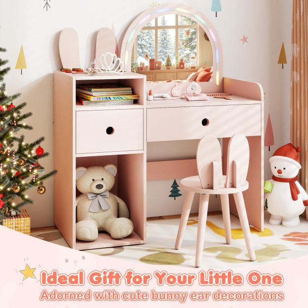 Kids Vanity Desk and Chair Set with Lights, Shelves, Pink