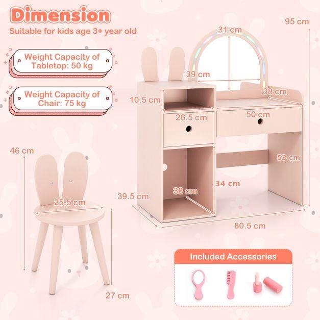 Kids Vanity Desk and Chair Set with Lights, Shelves, Pink