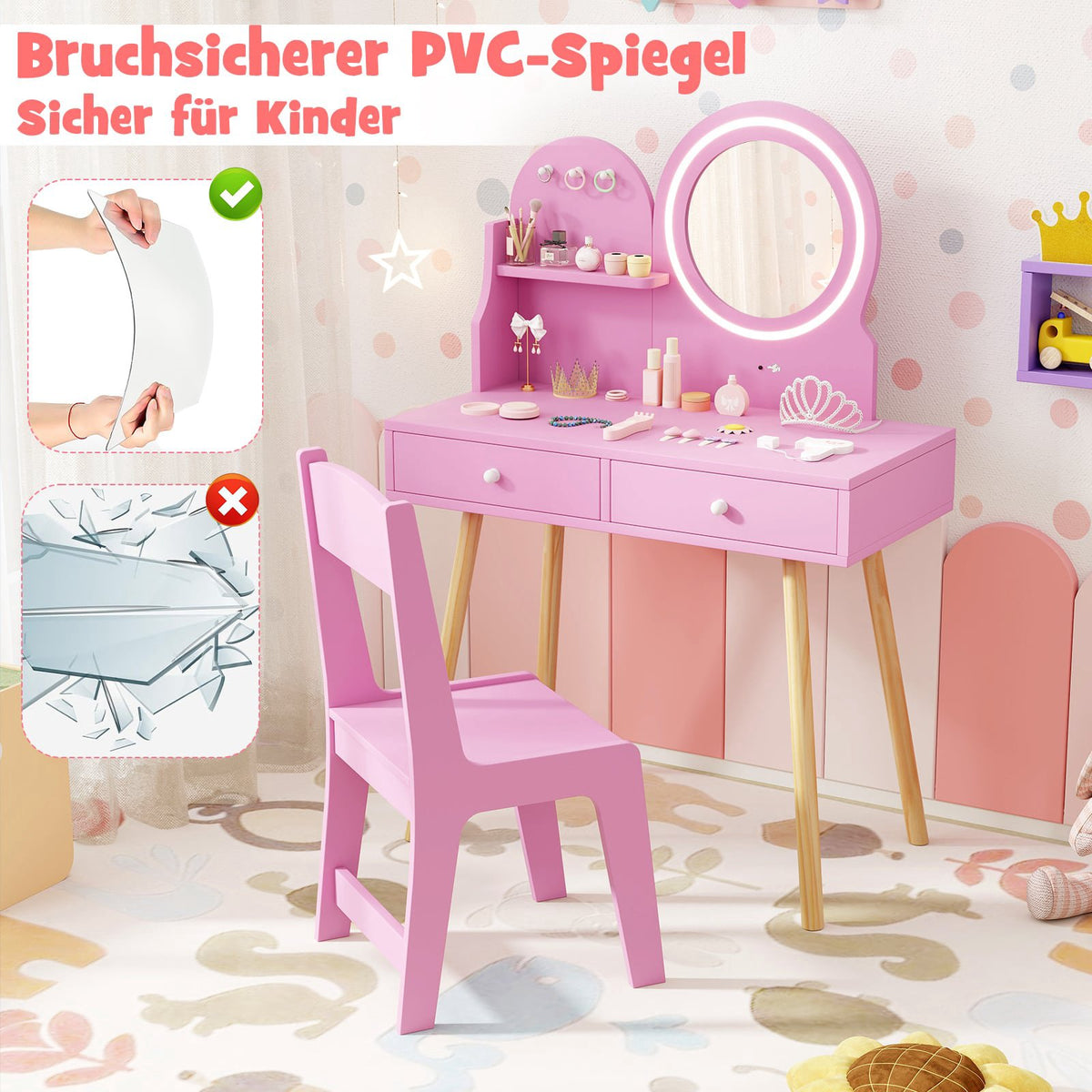 Kids Vanity Set with Lighted Mirror, Pink Princess Theme