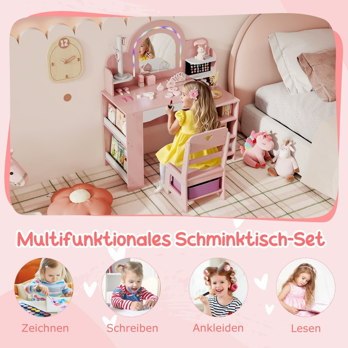 Kids Vanity Set with Mirror, Lights, and Chair – Pink