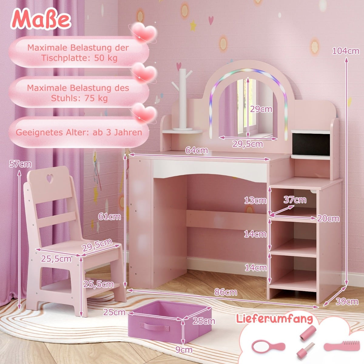 Kids Vanity Set with Mirror, Lights, and Chair – Pink