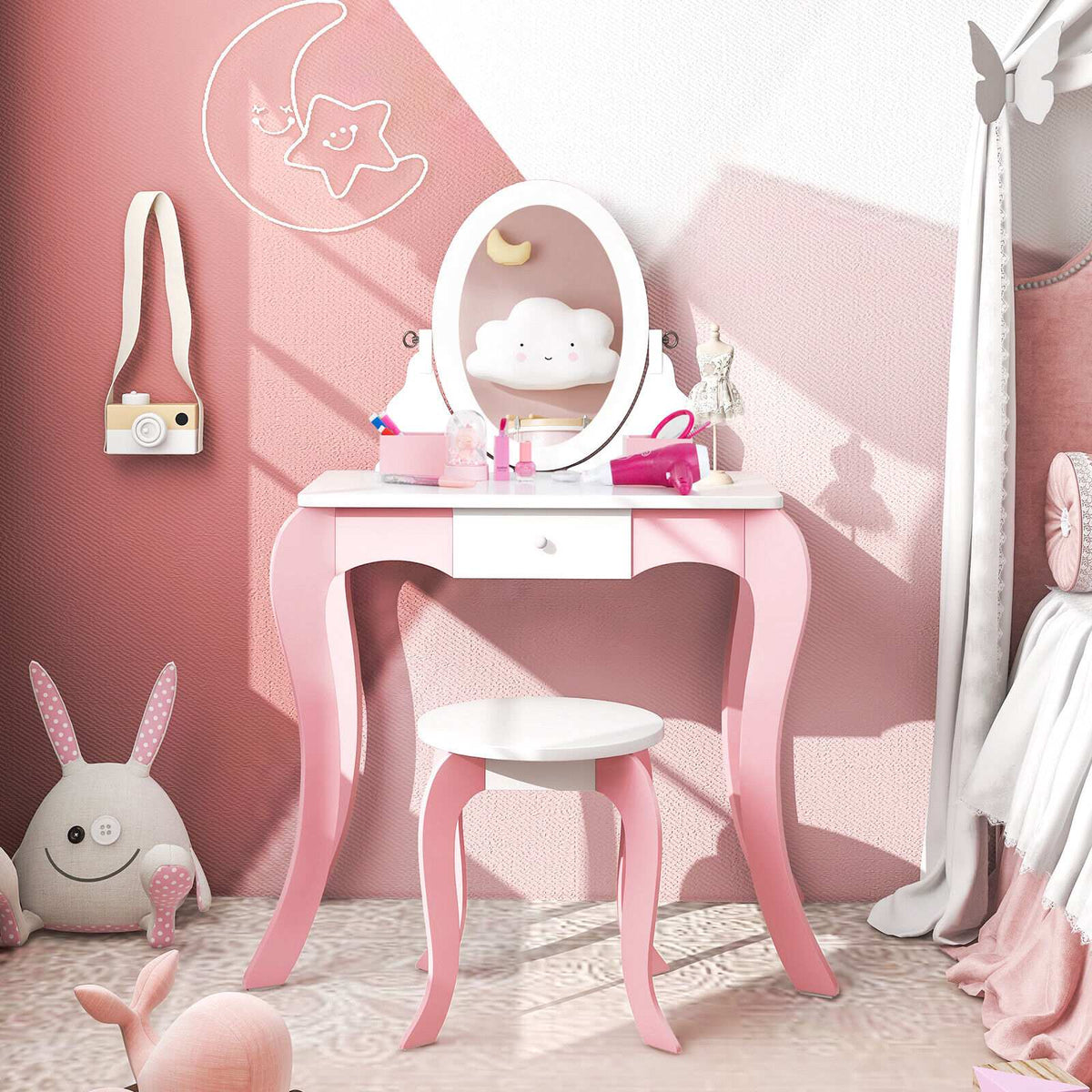 Kids Vanity Set with Rotating Mirror, Stool, Pink White