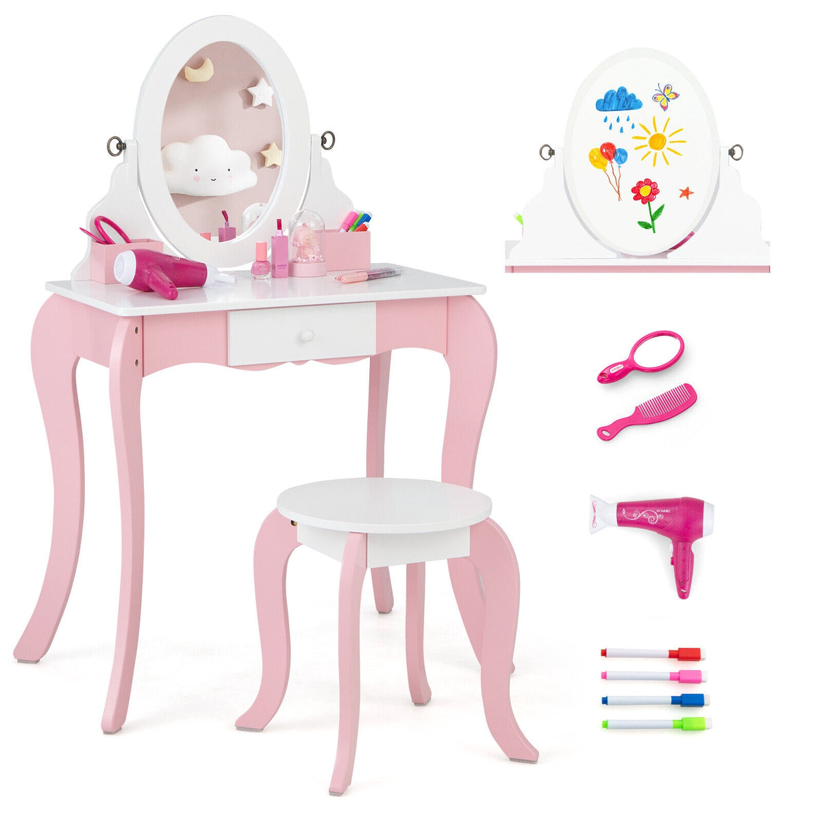 Kids Vanity Set with Rotating Mirror, Stool, Pink White