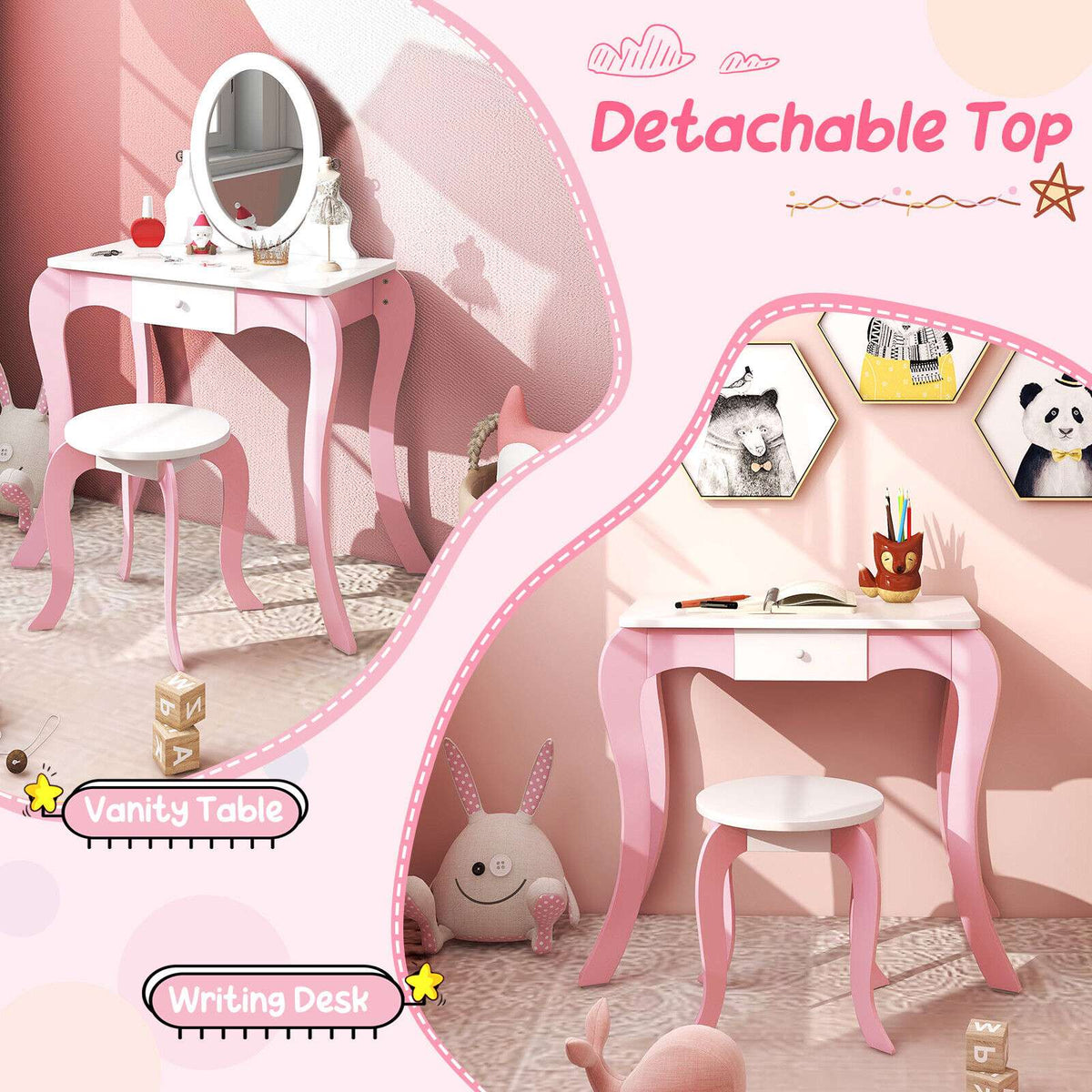Kids Vanity Set with Rotating Mirror, Stool, Pink White