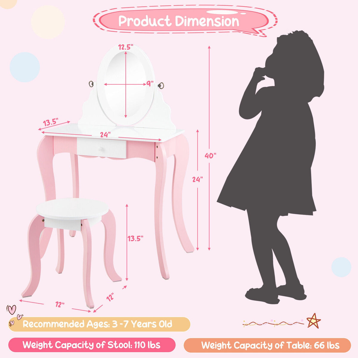 Kids Vanity Set with Rotating Mirror, Stool, Pink White