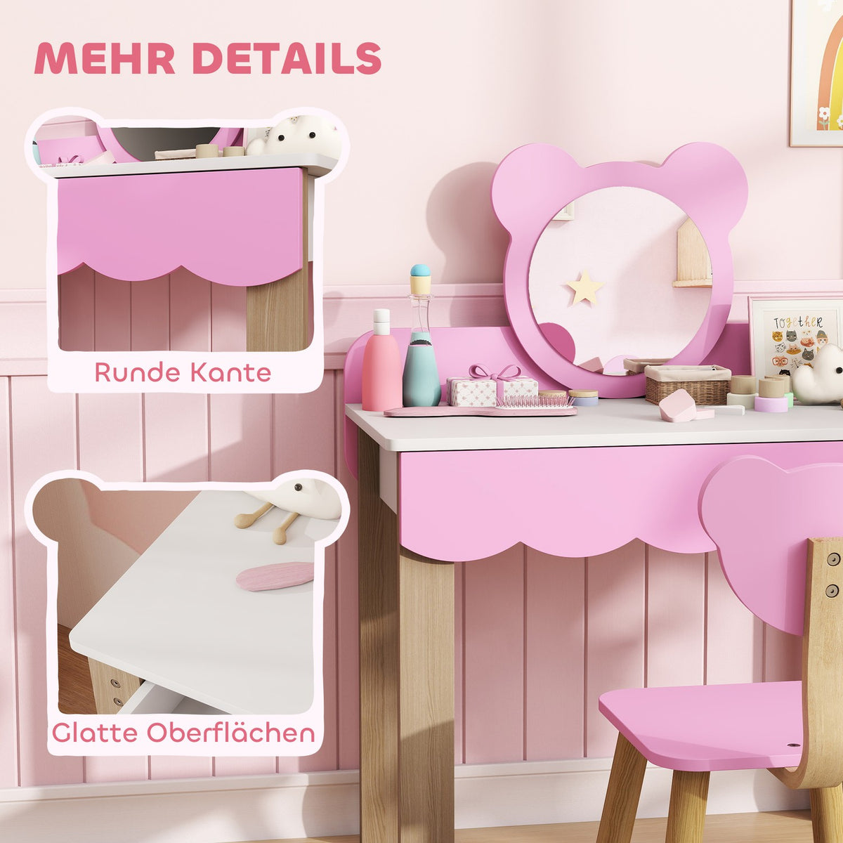 Kids Vanity Set with Stool, Bear Mirror, Pink MDF