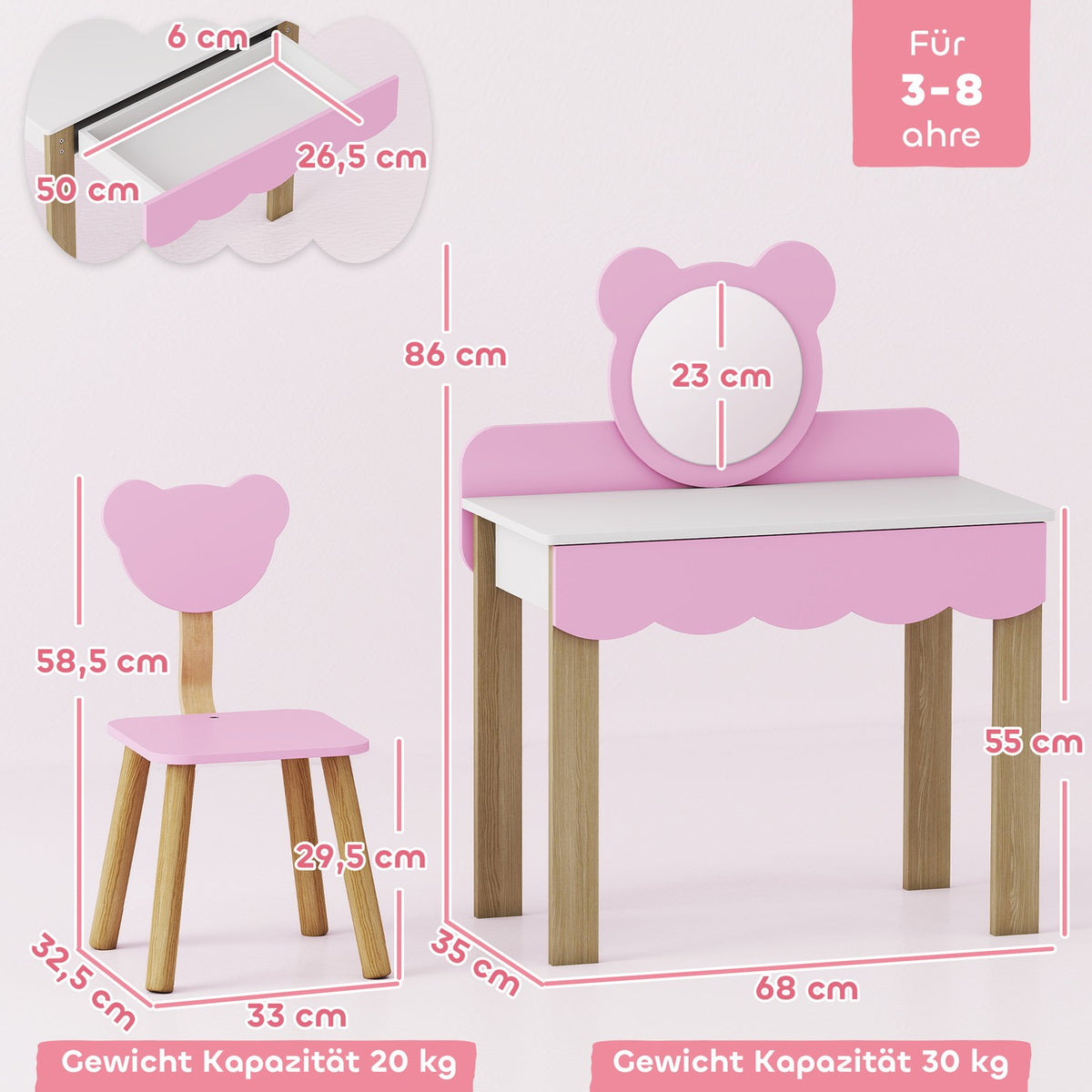 Kids Vanity Set with Stool, Bear Mirror, Pink MDF
