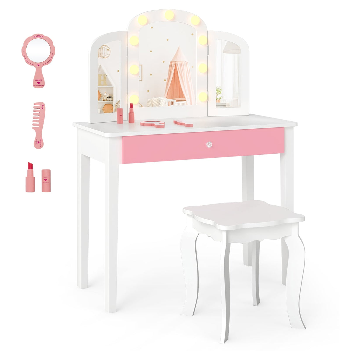 Kids Vanity Table Set – 2-in-1 Design, LED Lights, White