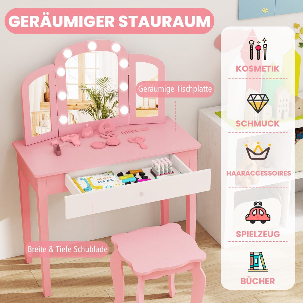 Kids Vanity Table Set – 2-in-1 Design, LED Lights, White