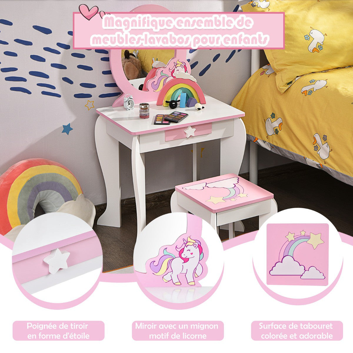 Kids Vanity Table Set – Mirror, Stool, Drawer, White