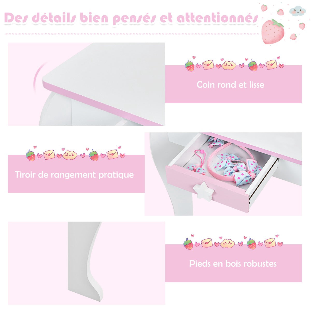 Kids Vanity Table Set – Mirror, Stool, Drawer, White
