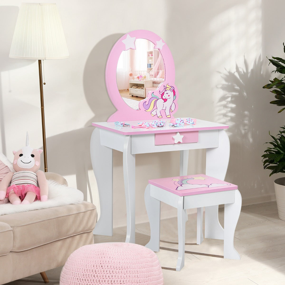 Kids Vanity Table Set – Mirror, Stool, Drawer, White