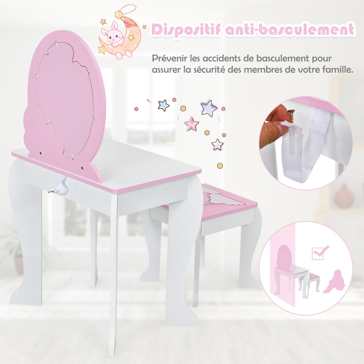 Kids Vanity Table Set – Mirror, Stool, Drawer, White