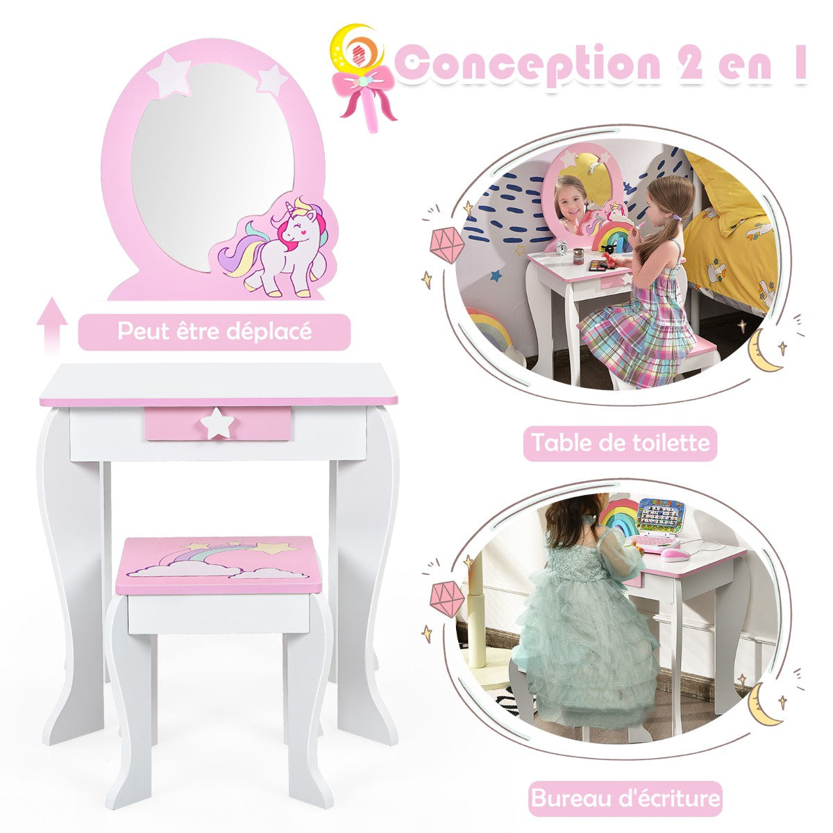 Kids Vanity Table Set – Mirror, Stool, Drawer, White