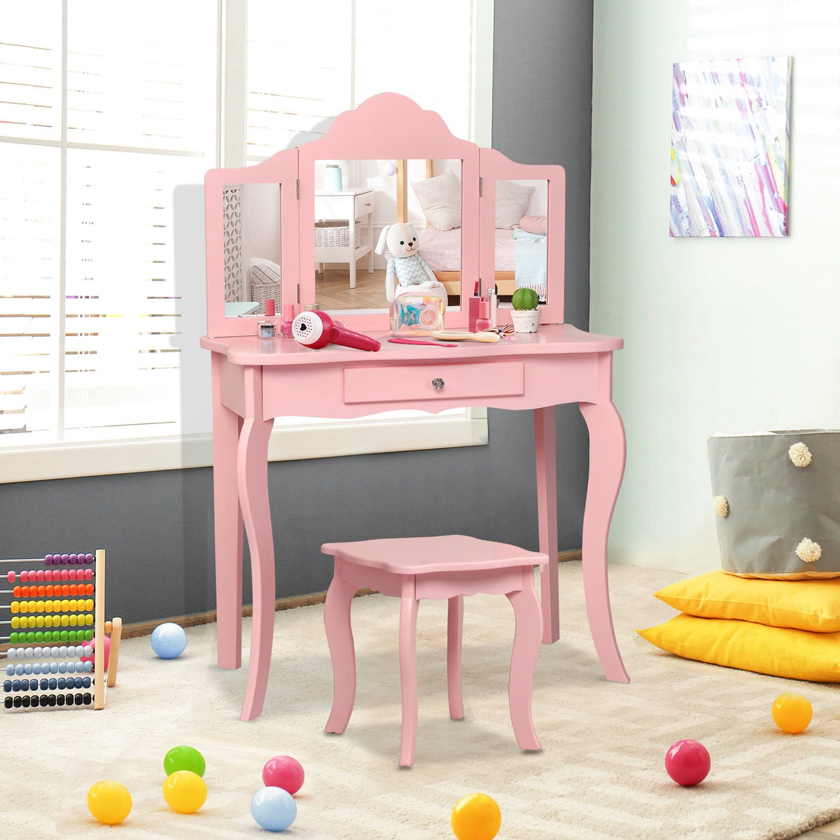 Kids Vanity Table Set, Stool, Tri-Fold Mirror, Drawer