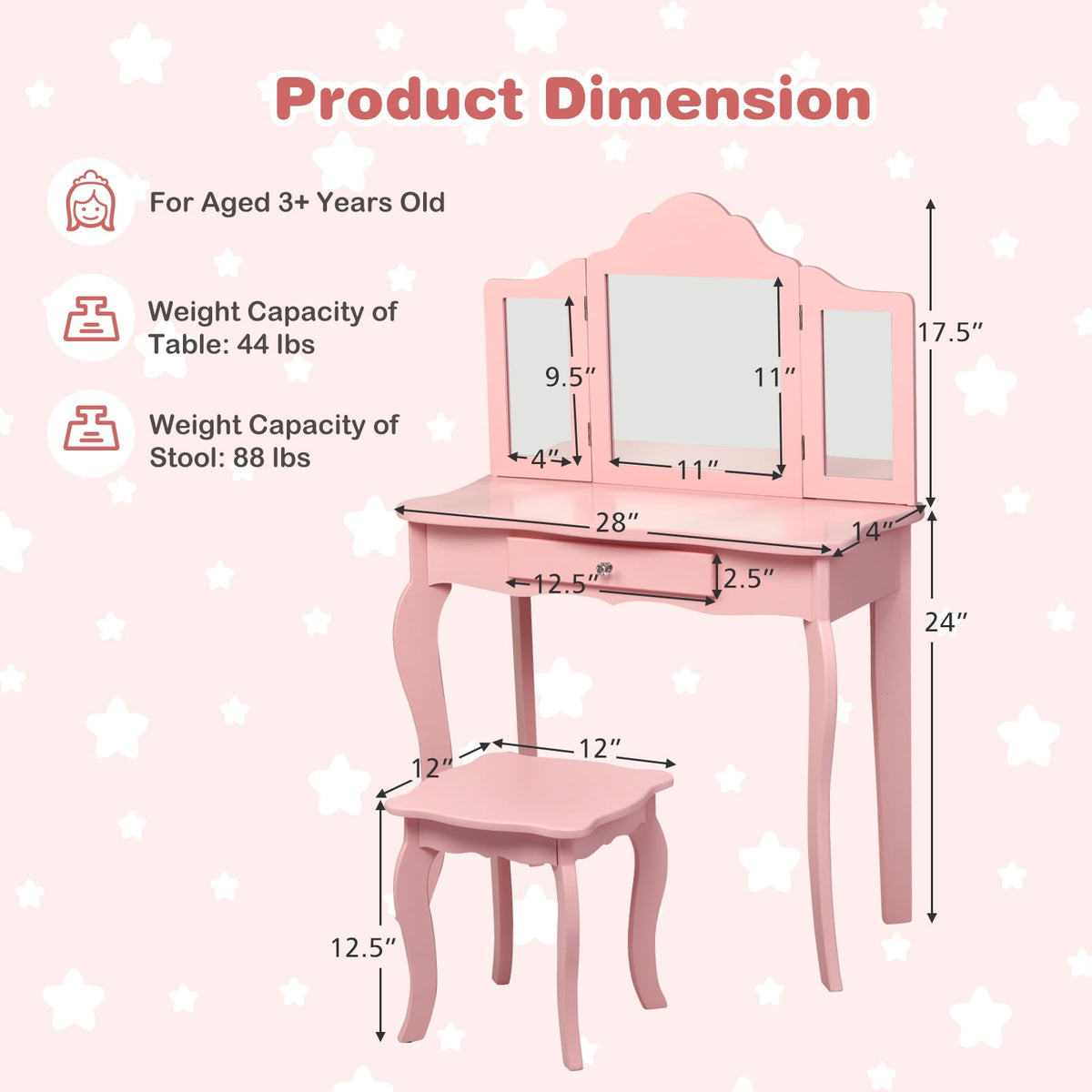Kids Vanity Table Set, Stool, Tri-Fold Mirror, Drawer