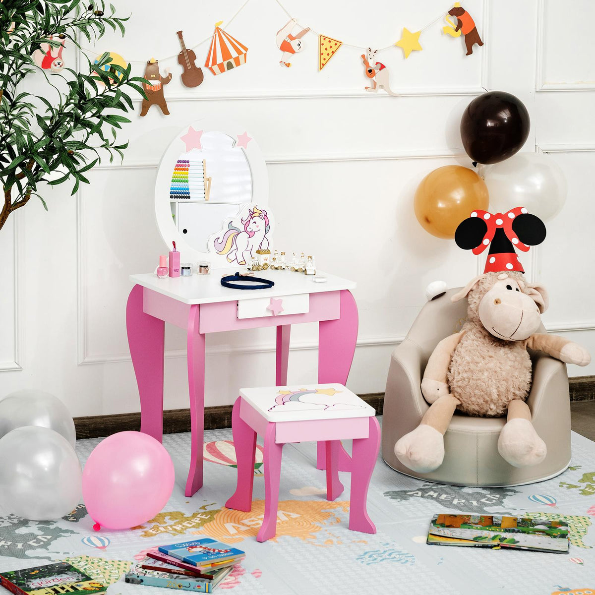 Kids Vanity Table Set With Mirror, Stool and Drawer