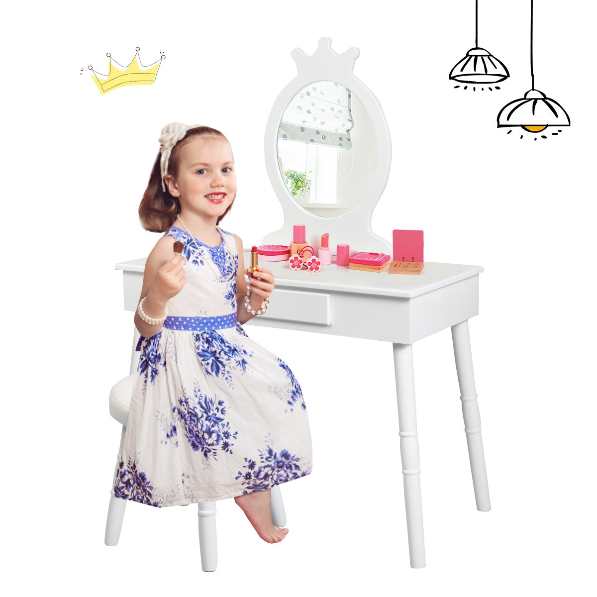 Kids Vanity Table Set With Stool, Mirror, Drawer, White