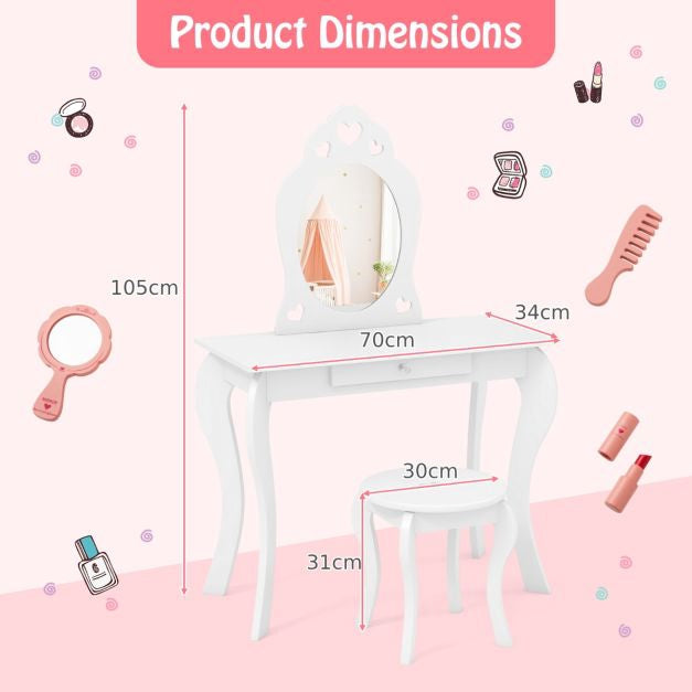 Kids Vanity Table Set With Stool, Removable Mirror, Drawer