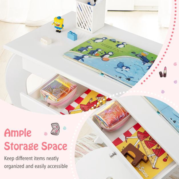 Kids Vanity Table Set With Stool, Removable Mirror, Drawer