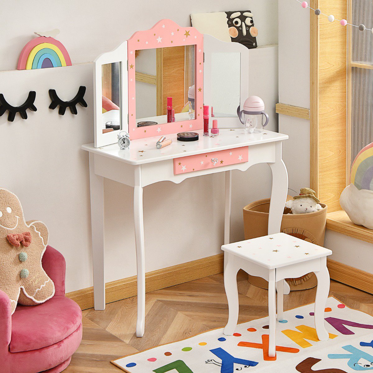 Kids Vanity Table Set With Stool, Tri-Fold Mirror, Drawer