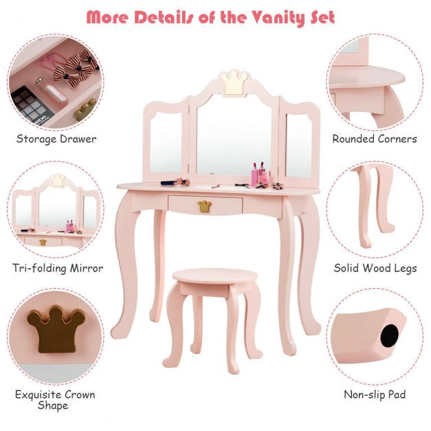 Kids Vanity Table Set With Stool, Tri-Fold Mirror, Drawer