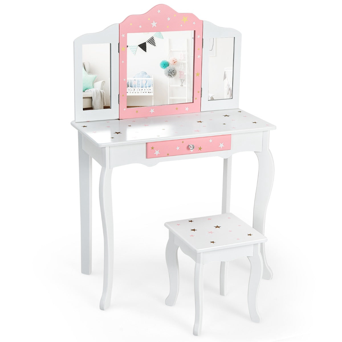Kids Vanity Table Set With Stool, Tri-Fold Mirror, Drawer
