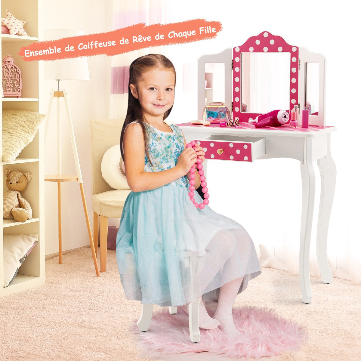 Kids Vanity Table Set With Stool, Tri-Fold Mirror, Drawer