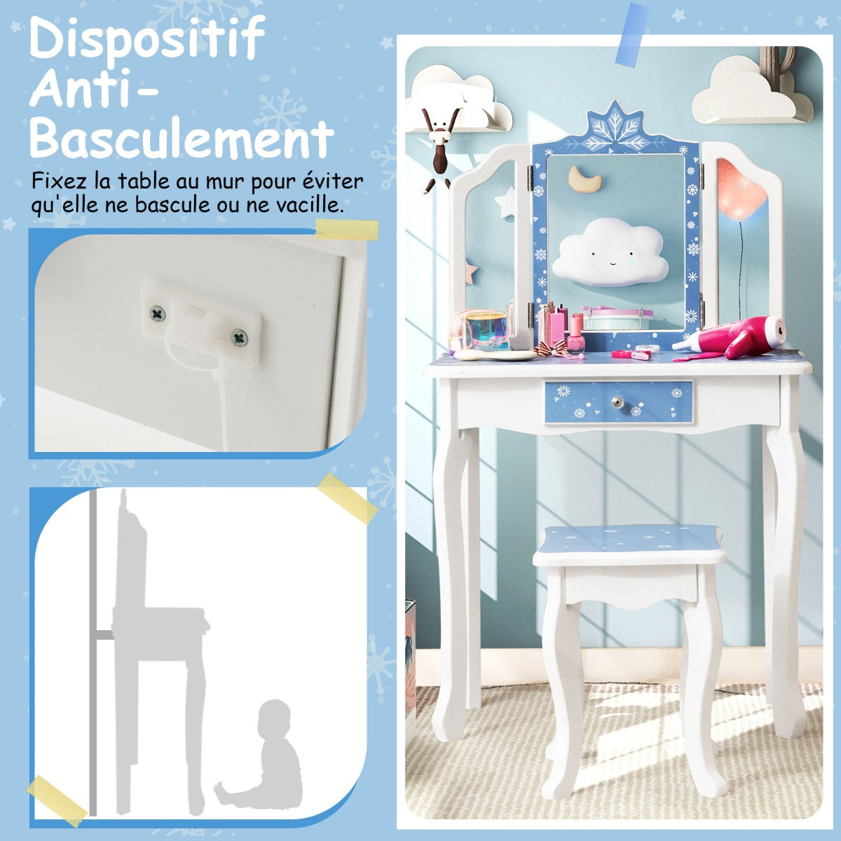 Kids Vanity Table Set With Tri-Fold Mirror, Stool, Blue