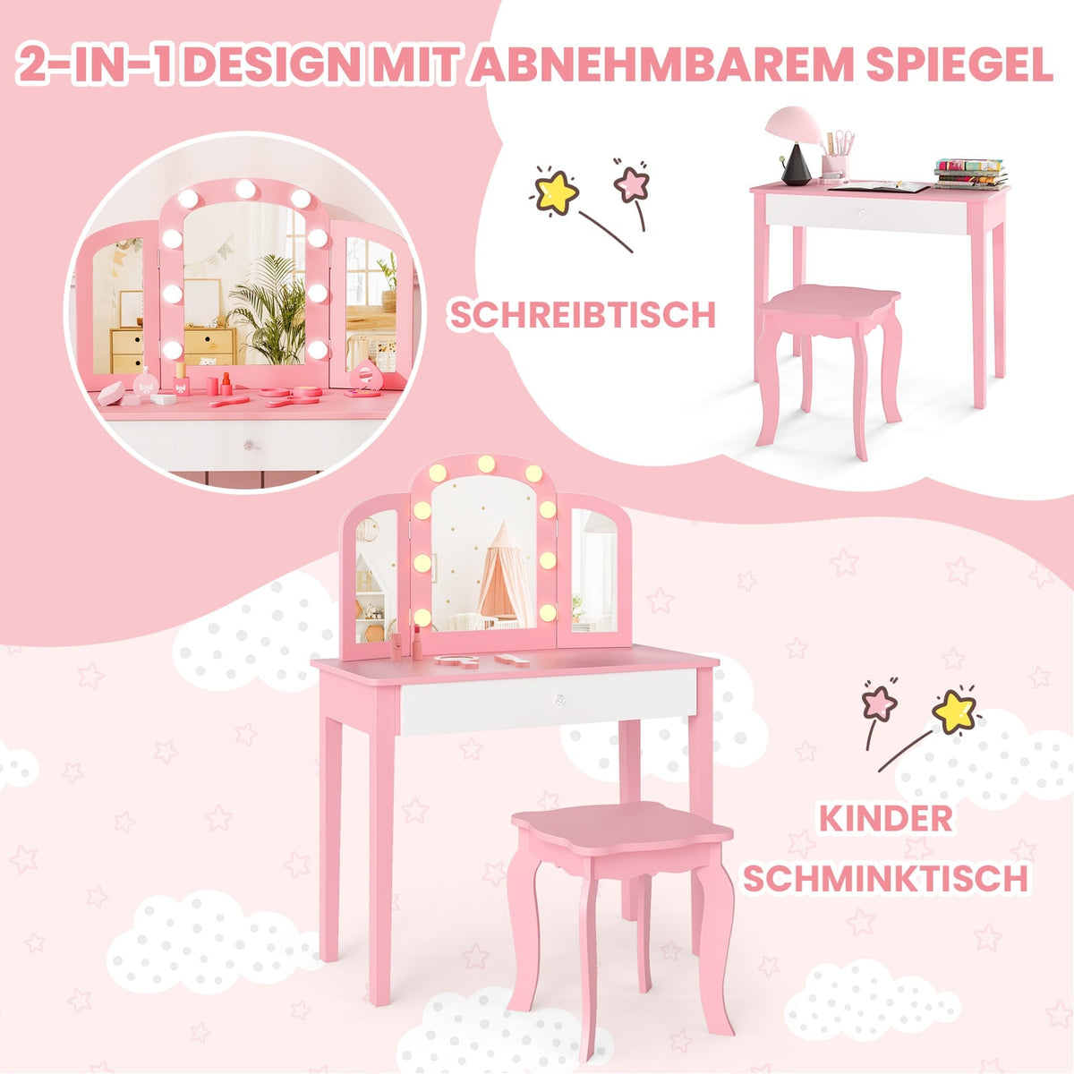 Kids Vanity Table Set with Detachable Mirror & Lights