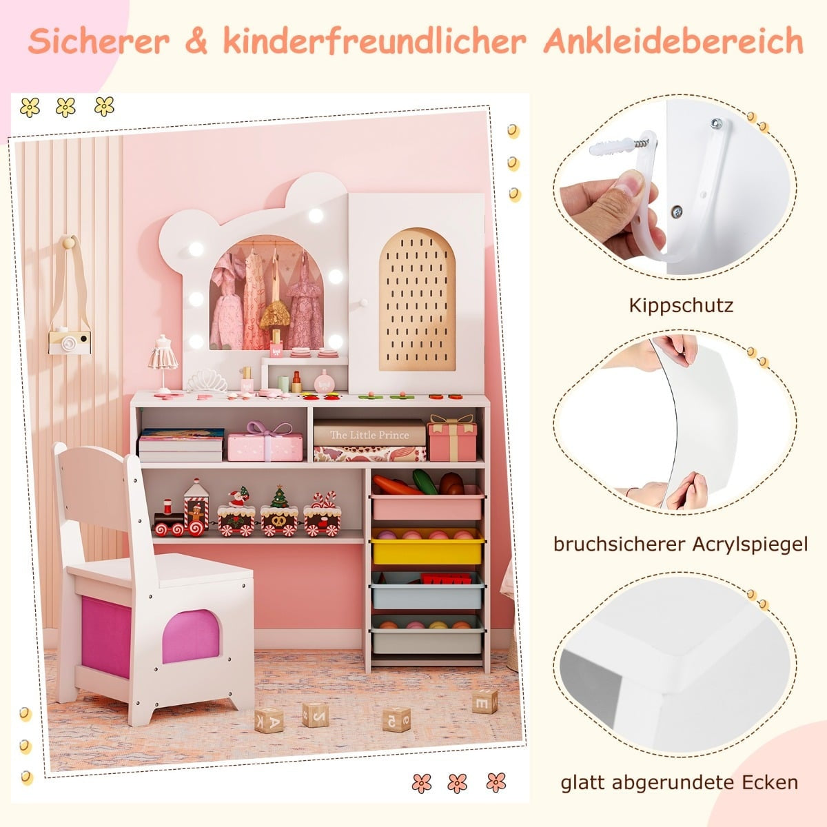 Kids Vanity Table Set with Lights, Mirror, and Storage