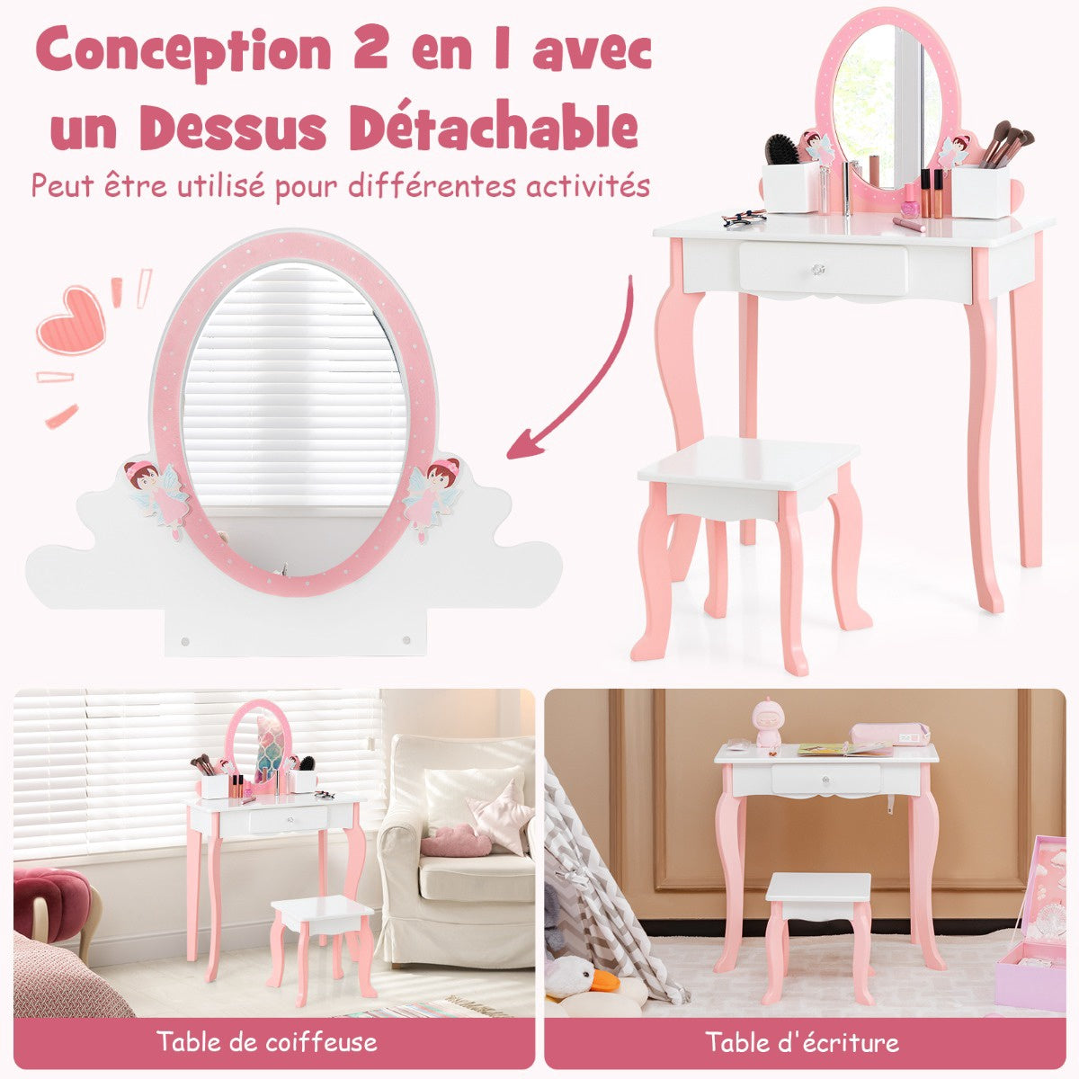 Kids Vanity Table Set with Stool, Mirror, Drawer