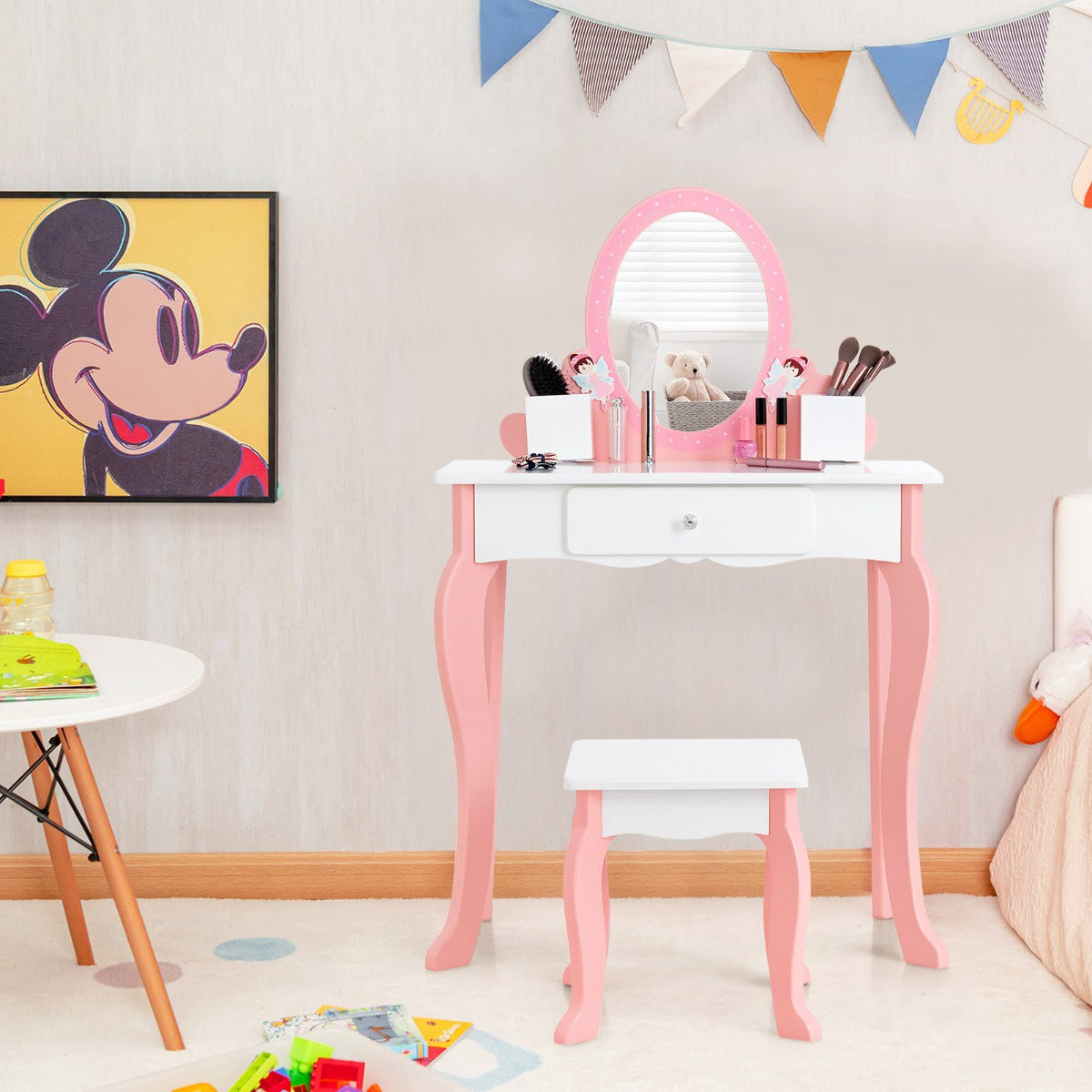Kids Vanity Table Set with Stool, Mirror, Drawer