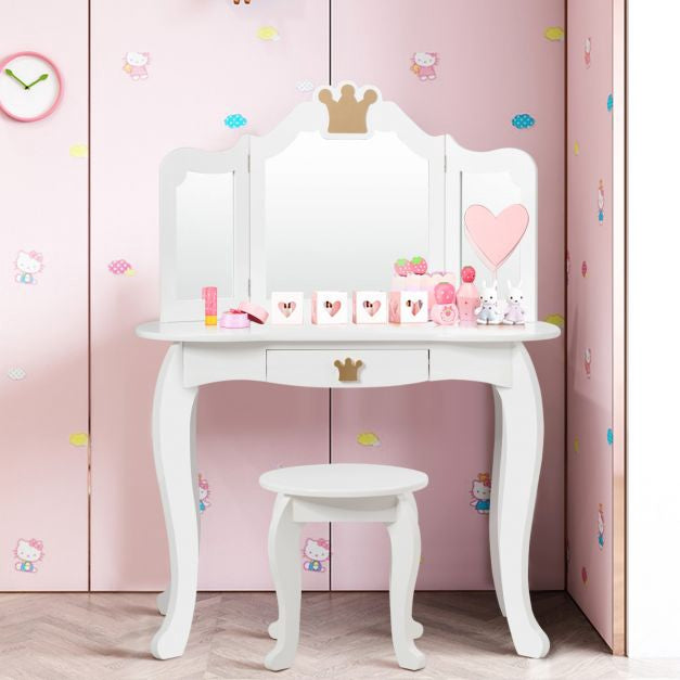 Kids Vanity Table Set with Stool, Tri-Fold Mirror, Drawer